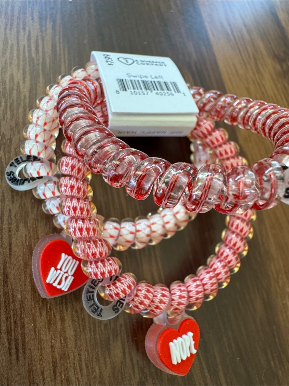 TELETIES Red, Pink & Clear with hearts Spiral Hair Ties - 3 Pack